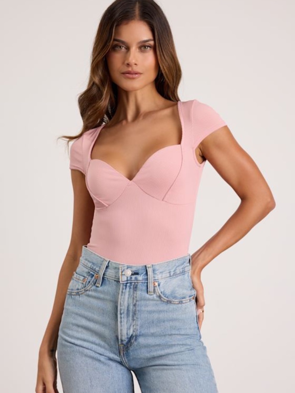 Lulus Jacqueline Light Pink Ribbed Knit Short Sleeve Bodysuit - Size S